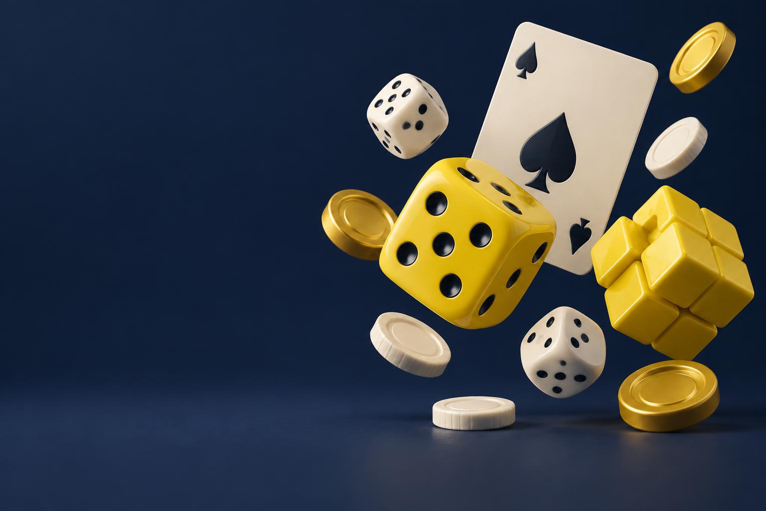 Golden dice, puzzle pieces, playing cards, and game tokens